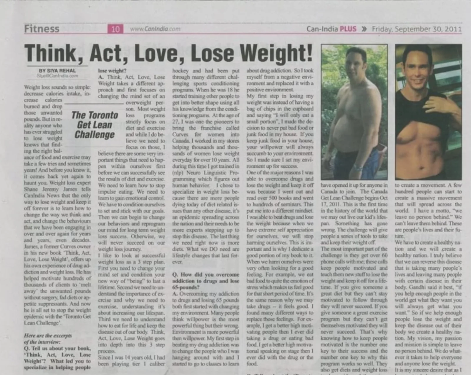 Can-India Plus fitness feature headlined Think, Act, Love, Lose Weight! interviewing Shane James