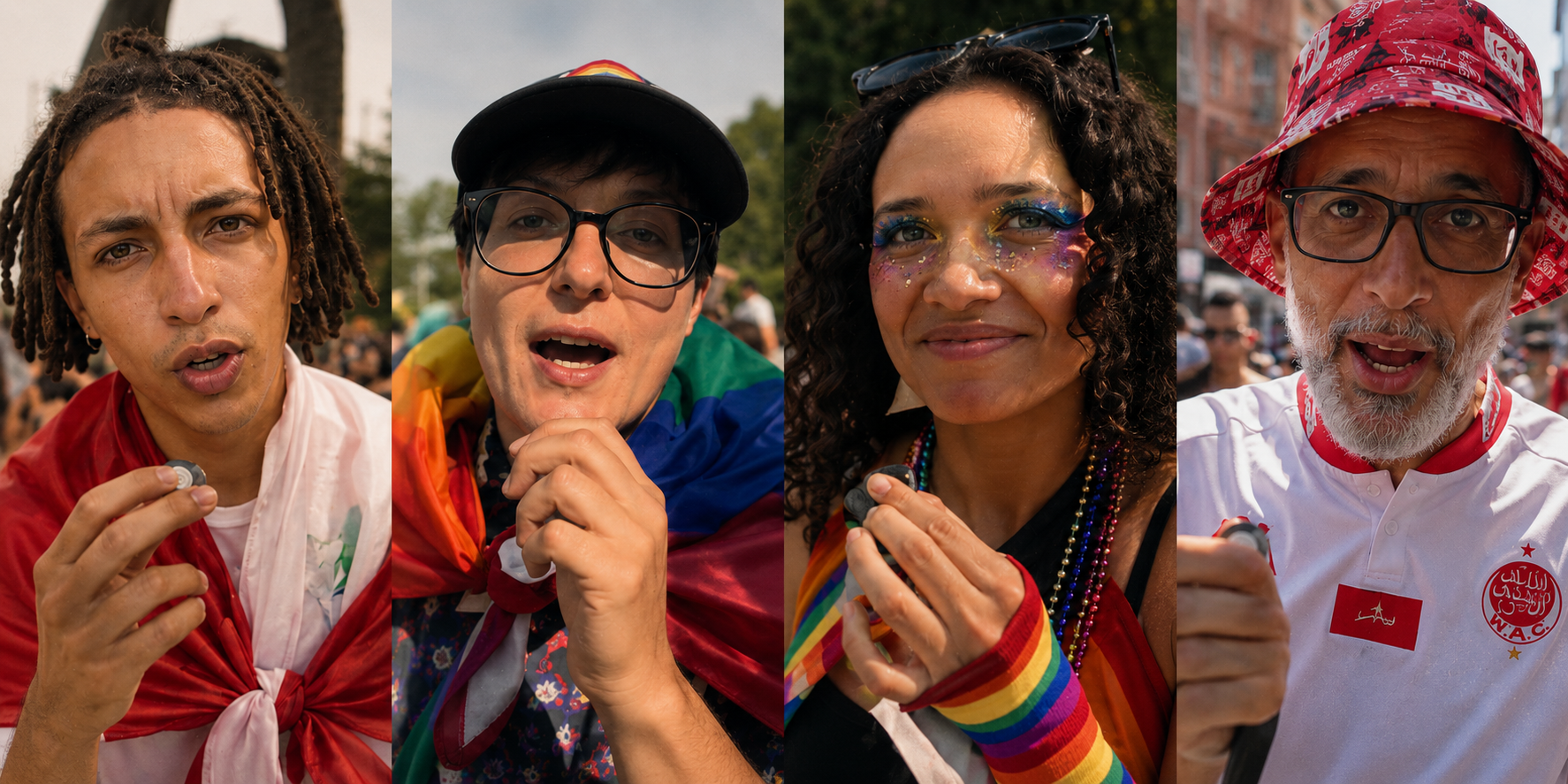 Four people photographed at street level, side by side as one continuous portrait